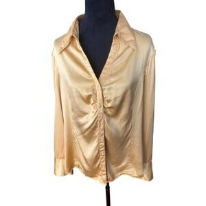 Women’s Large Classiques Entier Yellow Silk Blouse Ruched Front Festival Top